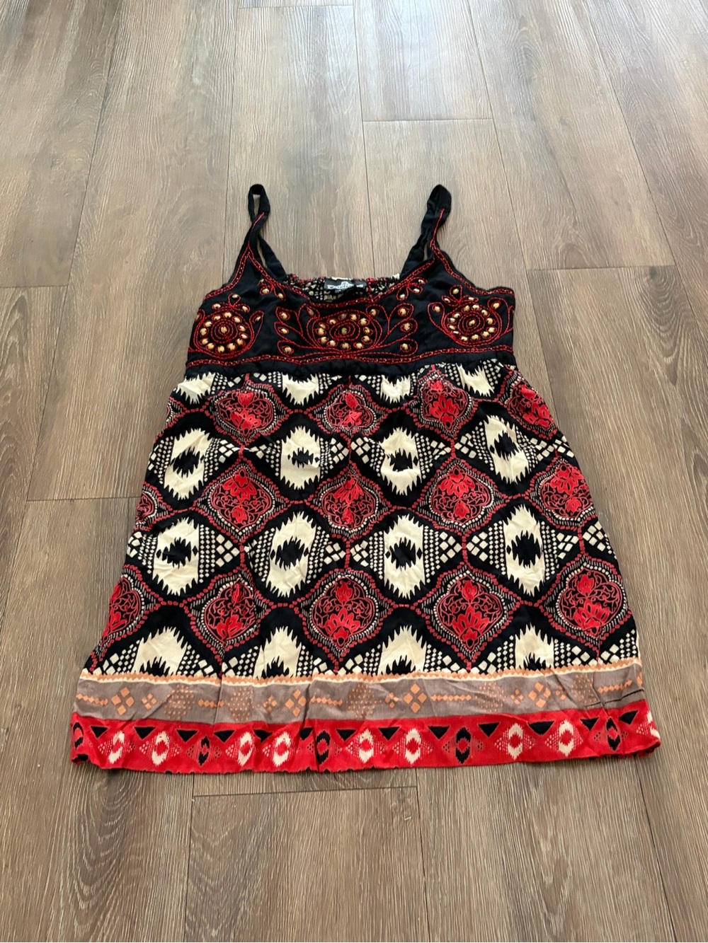 Angie Black Dress with Red Embroidery and Gold Studs medium